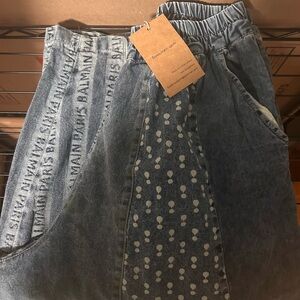 SooLinen Patchwork Denim Wide Leg Pants in Faded Blue